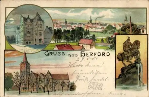 Litho Herford in Westfalen, Gesamtansicht, Kirche, Denkmal