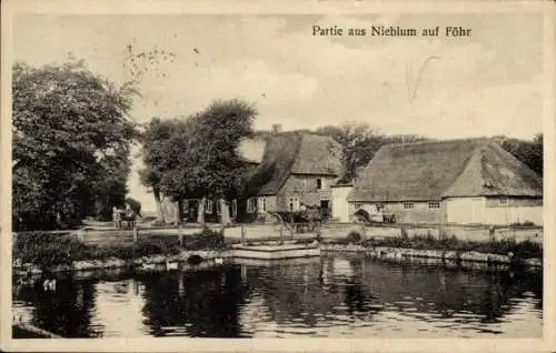 Ak Nieblum auf der Inel Föhr Nordfriesland, Häuser mit Reetdächern, Teich