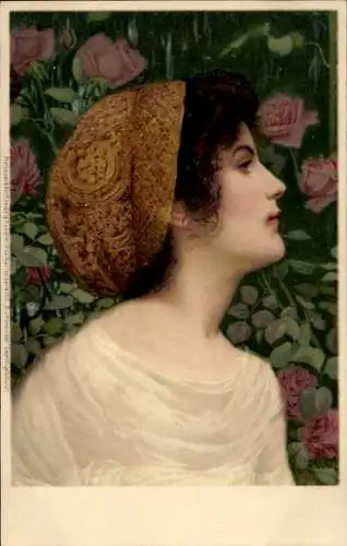 Litho Gemaltes Porträt einer jungen Frau, Rosen, Mütze