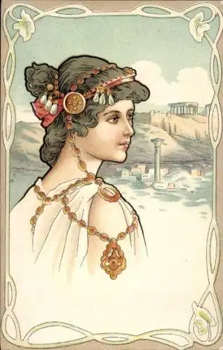 Jugendstil Ak Gemaltes Porträt einer jungen Frau in weißem Gewand