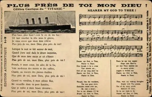 Lied Ak Plus Pres de toi mon Dieu, Nearer my God to Thee, Celebre Cantique, Titanic, White Star Line