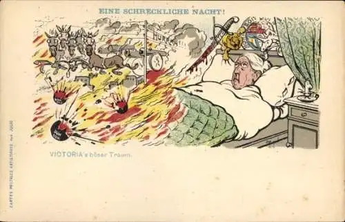 Künstler Ak Eine schreckliche Nacht, Victoria's böser Traum, Karikatur