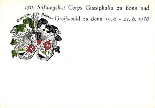 Studentika Ak Bonn, Greifswald, Corps Guestphalia, 150. Stiftungsfest 1970, Wappen, WSC