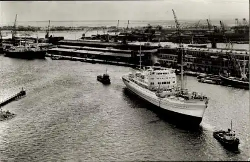 Ak Amsterdam Nordholland Niederlande, 黑白照片，照片中有一艘船，船上有很多人。照片的背景是阿姆斯特丹的港口。