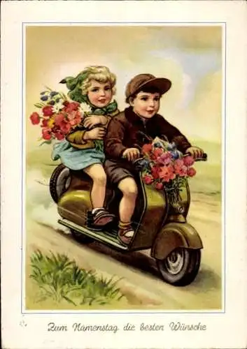 Ak München, Junge und Mädchen auf einem Motorroller mit Blumen.