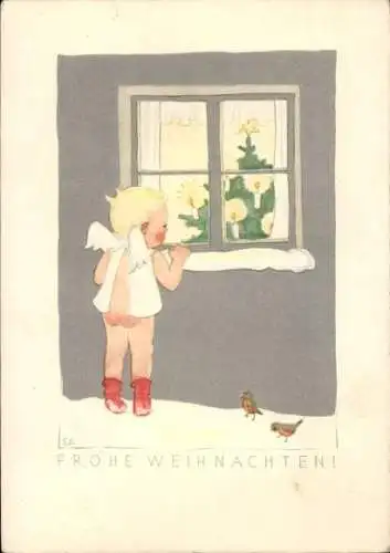 Ak Glückwunsch Weihnachten, Engel am Fenster, Tannenbaum