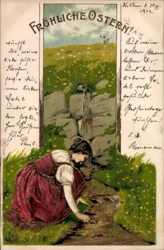 Glitzer Litho Fröhliche Ostern, Frau am Brunnen