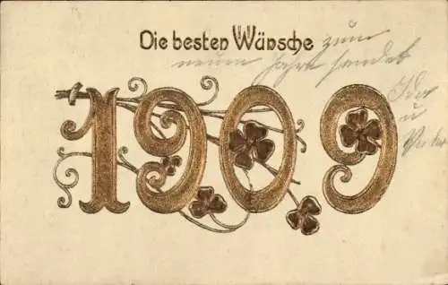 Präge Ak Neujahr, Jahreszahl 1909, Glücksklee