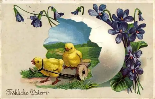 Litho Fröhliche Ostern, Küken, Veilchen