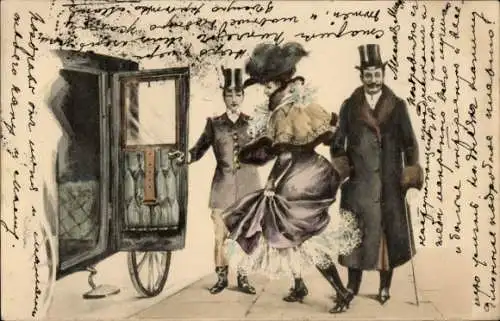 Künstler Ak Elegante Dame steigt in die Kutsche ein, Männer mit Zylinder