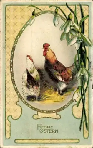 Ak Glückwunsch Frohe Ostern, Hahn, Huhn, Schneeglöckchen