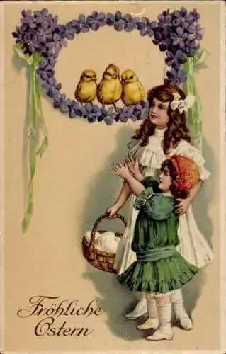 Litho Fröhliche Ostern, Mädchen, Küken, Ostereier, Veilchen