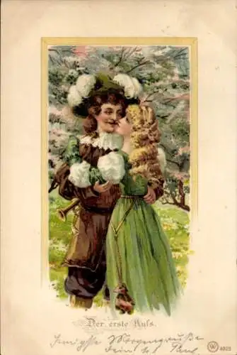 Passepartout Litho Liebespaar, der erste Kuss