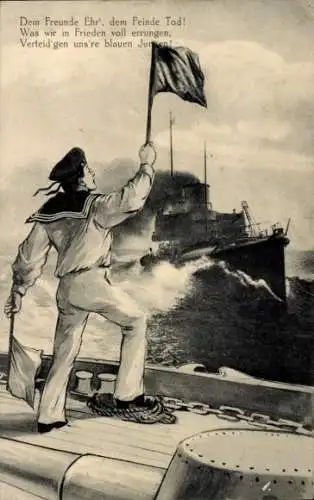 Ak Deutscher Marinesoldat mit Fahne, Kriegsschiff, Kaiserliche Marine