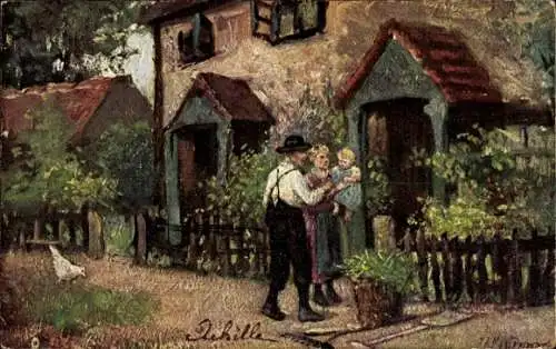 Künstler Ak Englische Cottage-Häuser, Familie mit Kind