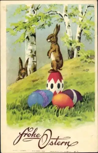 Ak Frohe Ostern, Osterhase, bunte Eier im Gras