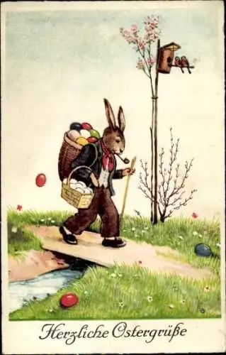 Ak Frohe Ostern, Osterhase mit Korb voller Ostereier