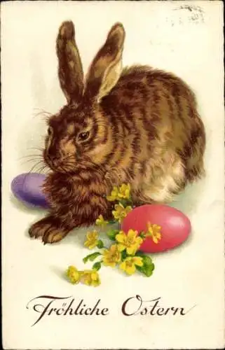 Ak Frohe Ostern, Osterhase mit Eiern und Blumen