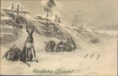 Künstler Ak Ulreich, R., Fröhliches Neujahr, Hasen in verschneiter Landschaft