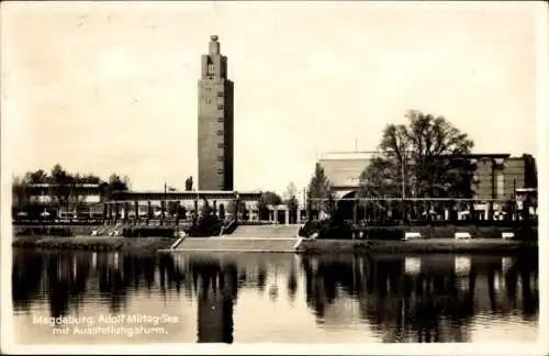 Ak Magdeburg an der Elbe, Adolf Mittag-See mit Ausstellungsturm
