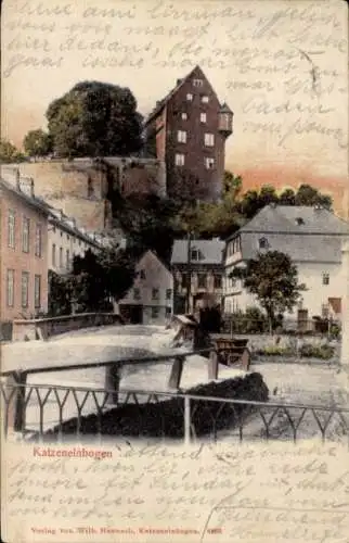 Ak Katzenelnbogen im Taunus,  Fachwerkhaeuser, Fluss, Bruecke, Burg.