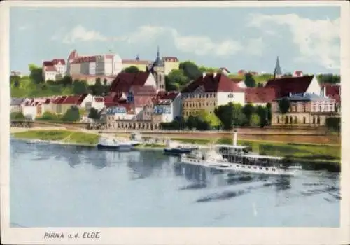 Ak Pirna an der Elbe, Stadtansicht, Dampfschiff auf der Elbe, Schloss