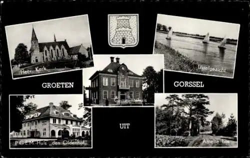 Ak Gorssel Gelderland, Herv. Kerk, Ijssel, P. G. E. M Huis den Oldenhof, Amelte bos, Gemeentehuis