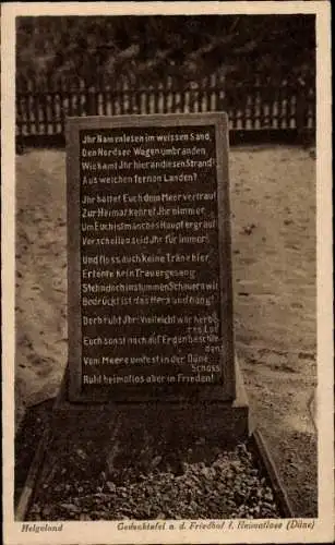 Ak Nordseeinsel Helgoland, Gedenktafel a.d. Friedhof der Heimatlose (Düne)