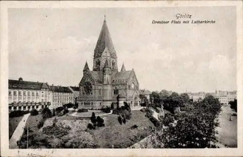Ak Görlitz in der Lausitz, Dresdner Platz, Lutherkirche, Park, historische Architektur, Gebäud...
