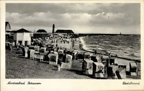 Ak Nordseebad Büsum, Südstrand, Strandkörbe Panorama, Leuchtturm