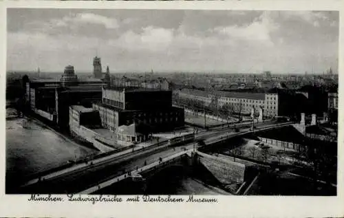 Ak Ludwigsvorstadt Isarvorstadt München,  Ludwigsbrücke, Deutsches Museum, Stadtansicht, Brück...