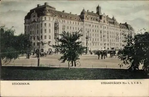 Ak Stockholm Schweden, Historisches Gebäude, Strandvägen, Menschen auf der Straße, Bäume, Fahrrad