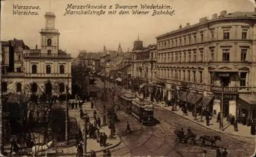 Ak Warszawa Warschau Polen, Marschallstraße, Wiener Bahnhof, Straßenbahn-Linie 3