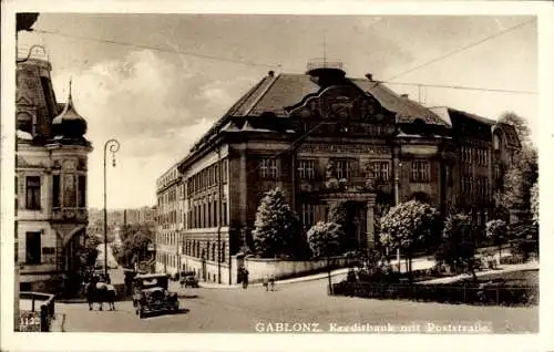 Ak Jablonec nad Nisou Gablonz an der Neiße Region Reichenberg, Kreditbank mt Poststraße