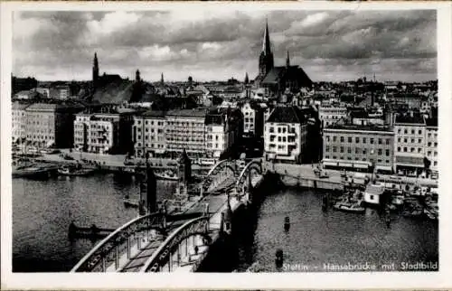 Ak Szczecin Stettin Pommern, Stadtansicht mit Hansabrücke, Kirchen, Wohngebäuden, Hafen