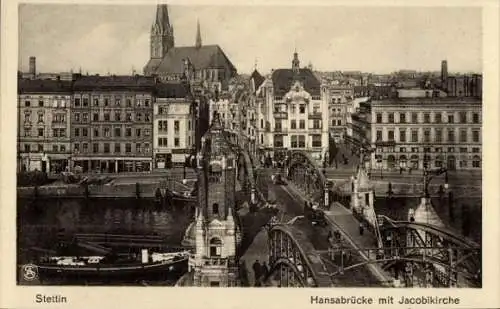 Ak Szczecin Stettin Pommern, Hansabrücke mit Jacobikirche