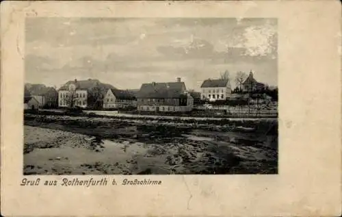 Ak Rothenfurth Großschirma in Sachsen, Schwarz-Weiß-Bild, Häuserzeile, Fluss oder Bach, schnee...