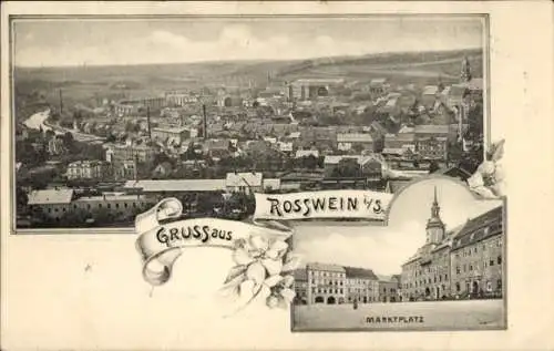 Ak Rosswein Roßwein in Sachsen, Panorama von  Markt mit historischen Gebäuden, altmodisches De...