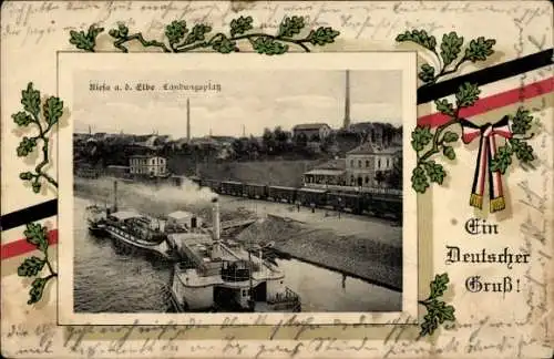 Ak Riesa an der Elbe Sachsen, Schiff auf der Elbe, Dampfer, Ufer mit Gebäuden, historische Pos...