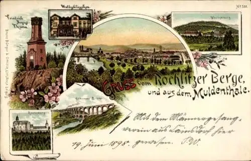 Litho Rochlitz an der Mulde, Rochlitzer Berg, Friedrich August Turm, Göhrener Brücke, Rochsburg