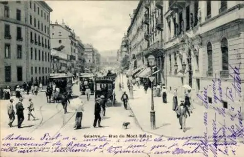 Ak Genf Stadt Schweiz, Straße, Straßenbahn, Fußgänger, historische Gebäude