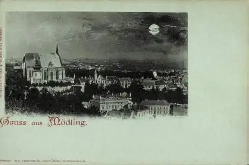 Ak Mödling in Niederösterreich, Stadtansicht bei Nacht, Kirche, Mond, Gebäude