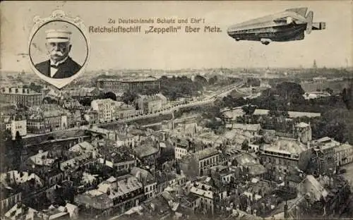 Ak Metz Moselle, Reichsluftschiff Zeppelin, Stadtansicht, historisches Gebäude