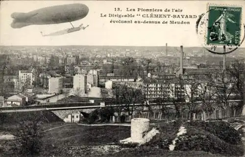 Ak Meudon Hauts de Seine, Luftschiff Clément-Bayard, Brücke, Fabriken