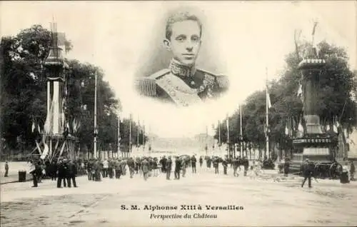 Ak Versailles Yvelines, Besuch König Alfonso XIII von Spanien, Blick zum Schloss