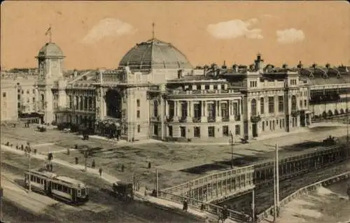 Ak St. Petersburg Russland, Bahnhof von Zarskoje Selo, Straßenbahn