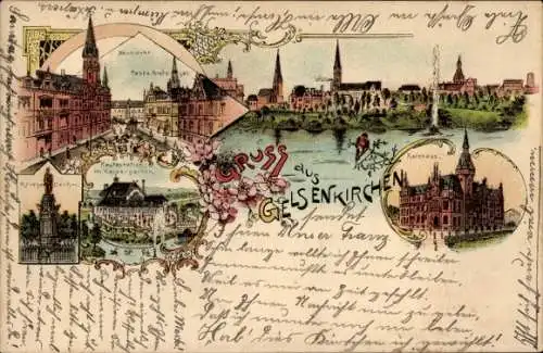 Litho Gelsenkirchen im Ruhrgebiet, Rathaus, Neumarkt, Kriegerdenkmal, Kaisergarten