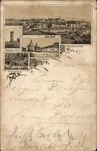 Litho Dippoldiswalde im Erzgebirge, König Johann Turm, Bruchschänke, Marktplatz