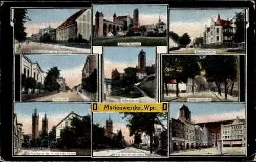 Ak Kwidzyn Marienwerder Westpreußen, Hindenburgstraße, Bismarckstraße, Lauben, Kirche