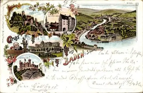 Litho Baden Kanton Aargau Schweiz, Panorama, Schloss, Kasino